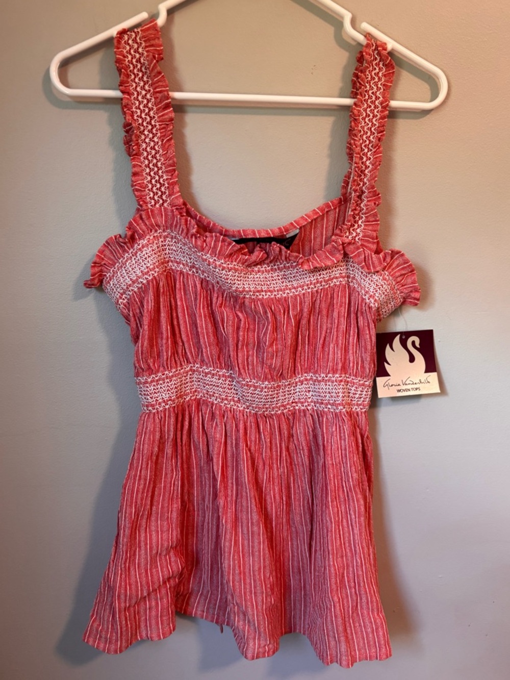 Gloria Vanderbilt Red and White Striped Smocked Tank Top with Tie Back